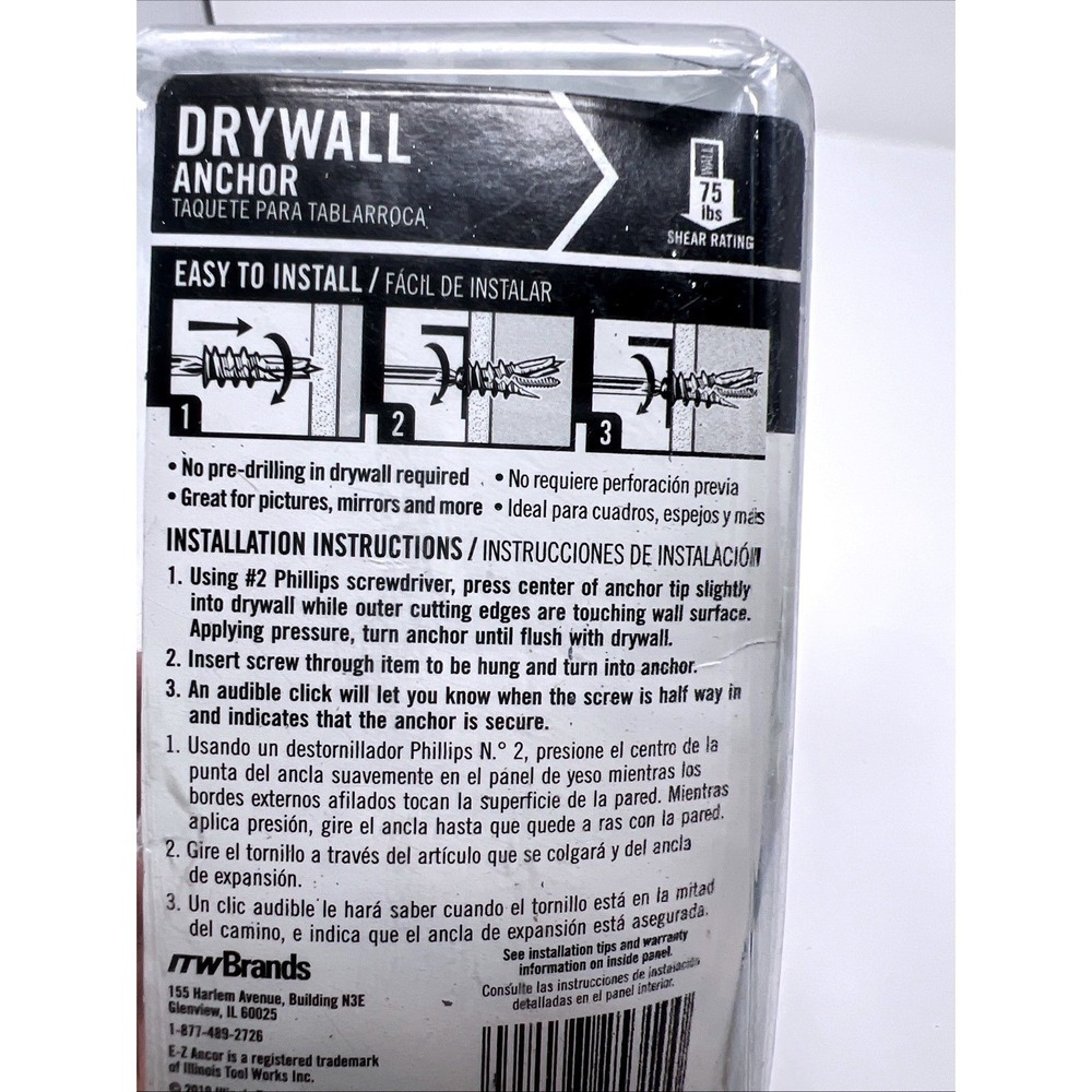E-Z Ancor #25310 - Twist-N-Lock 75 lb. Self-Driving Drywall Anchor 50pc NIP 5/8" - Picture 5 of 13